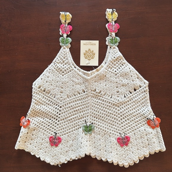 Brand New Rebellion Again Cream Crochet Tank Top Boho Crop Butterfly Cotton - Picture 1 of 15
